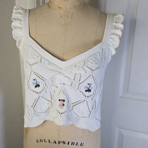 Anthropologie C&V‎ Ivory Crochet Embroidered Womens Top L